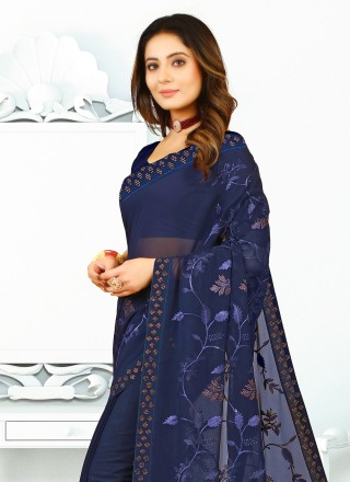Georgette Contemporary Style Saree in Navy Blue