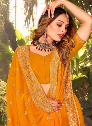 Georgette Embroidered Contemporary Saree in Mustard
