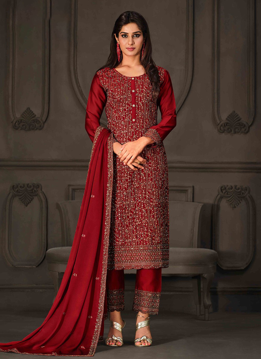 Buy Georgette Embroidered Designer Salwar Kameez in Red Online