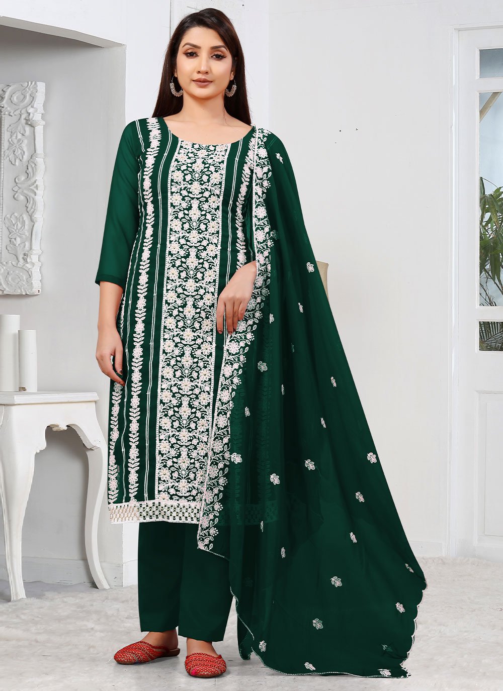 Georgette Embroidered Green Pant Style Suit