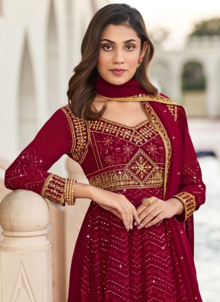 Georgette Embroidered Long Length Salwar Suit in Rani