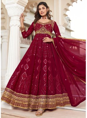 Georgette Embroidered Long Length Salwar Suit in Rani