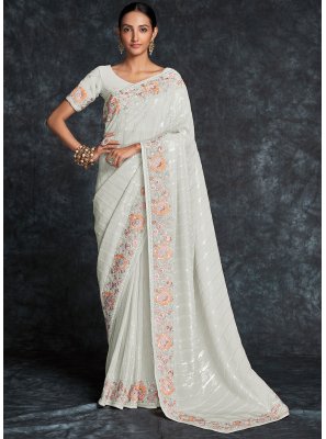 Georgette Embroidered Off White Contemporary Saree