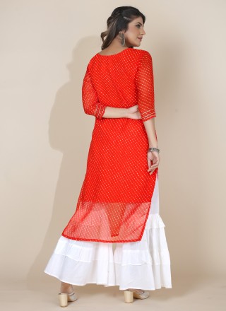 Georgette Embroidered Orange Casual Kurti