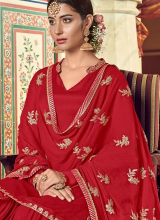 Georgette Embroidered Palazzo Salwar Suit in Red