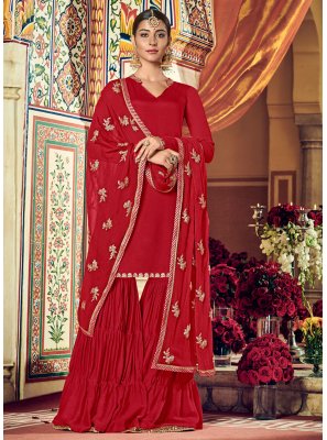 Georgette Embroidered Palazzo Salwar Suit in Red