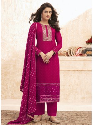 Georgette Embroidered Pant Style Suit in Rani