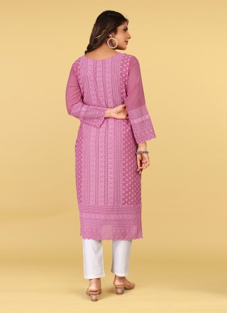 Georgette Embroidered Pink Party Wear Kurti