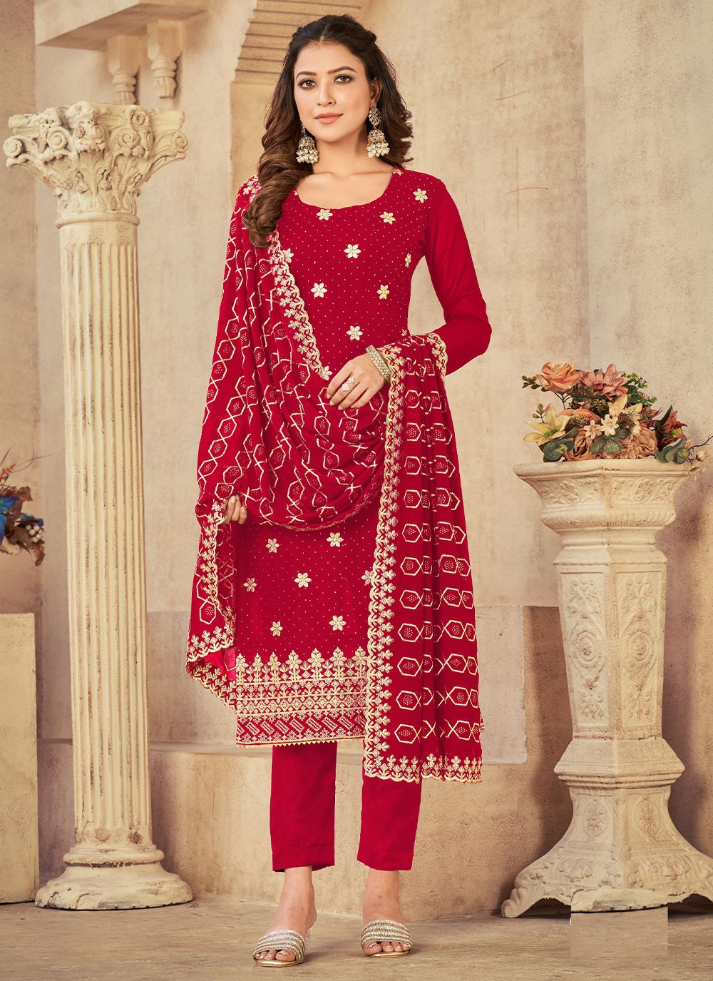 Georgette Embroidered Red Trendy Salwar Suit