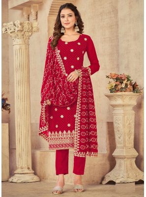 Georgette Embroidered Red Trendy Salwar Suit