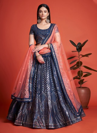 Buy Lehnga Choli In USA - Navy Blue Sequence Embroidered Designer Lehenga  Choli