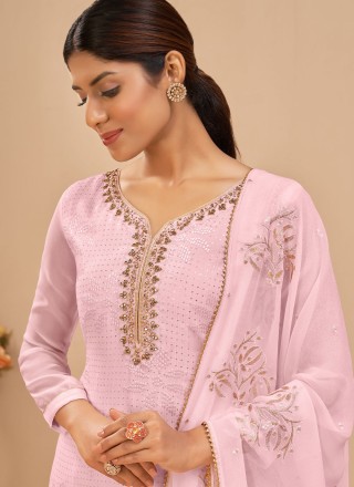Georgette Lavender Embroidered Long Length Salwar Kameez