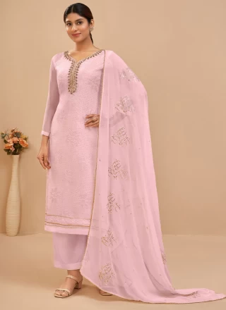 Georgette Lavender Embroidered Long Length Salwar Kameez