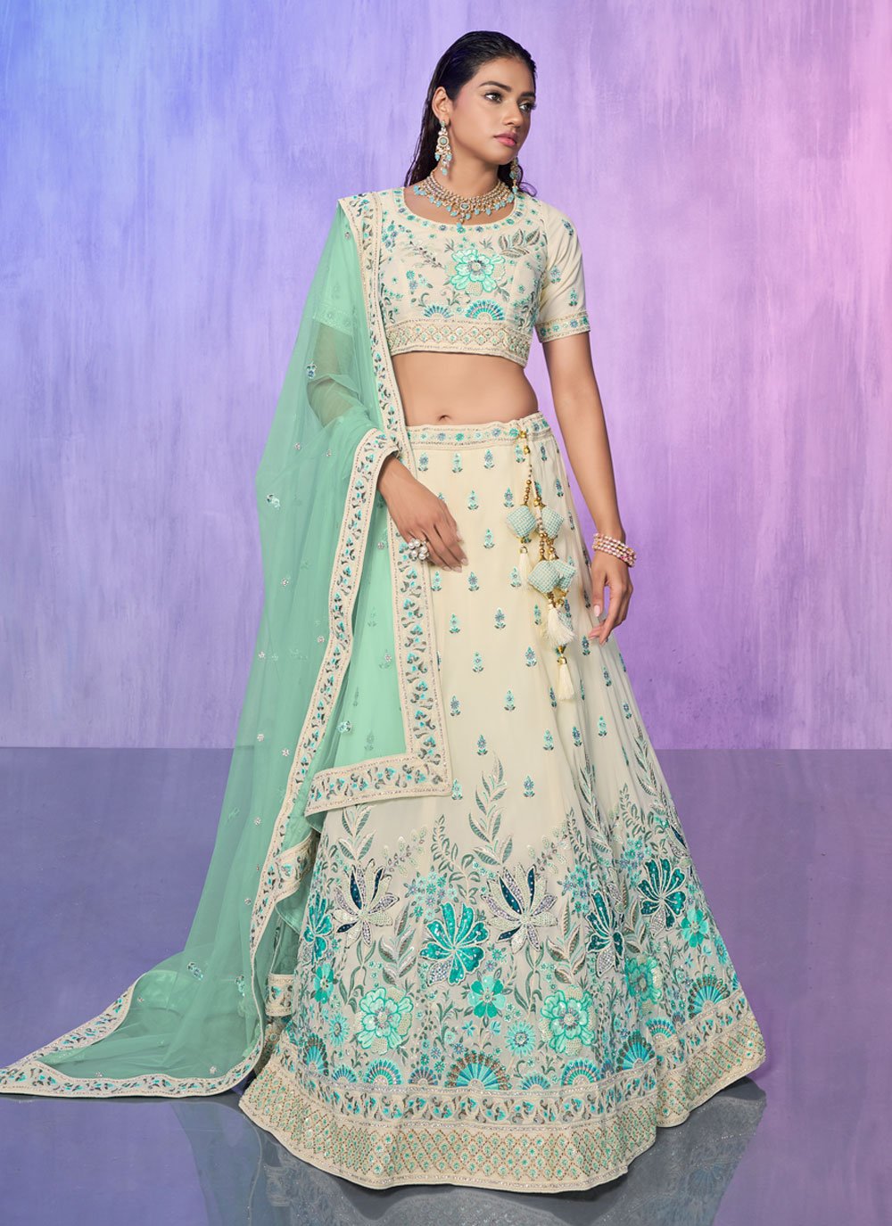 Silk and Net Off White and Green Festive Wear Lehenga Choli at Rs 1499 in  Surat