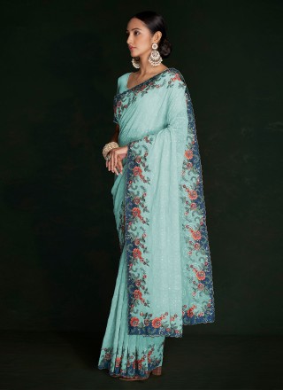 Georgette Lucknowi work Classic Saree in Turquoise