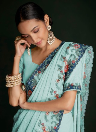 Georgette Lucknowi work Classic Saree in Turquoise