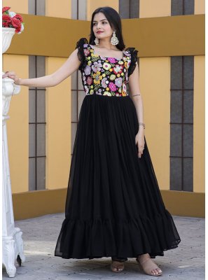 Georgette Multi Black Floor Length Gown