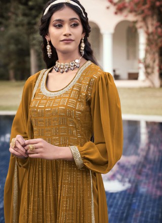 Georgette Mustard Embroidered Trendy Salwar Kameez