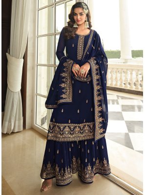 Georgette Navy Blue Embroidered Trendy Salwar Suit