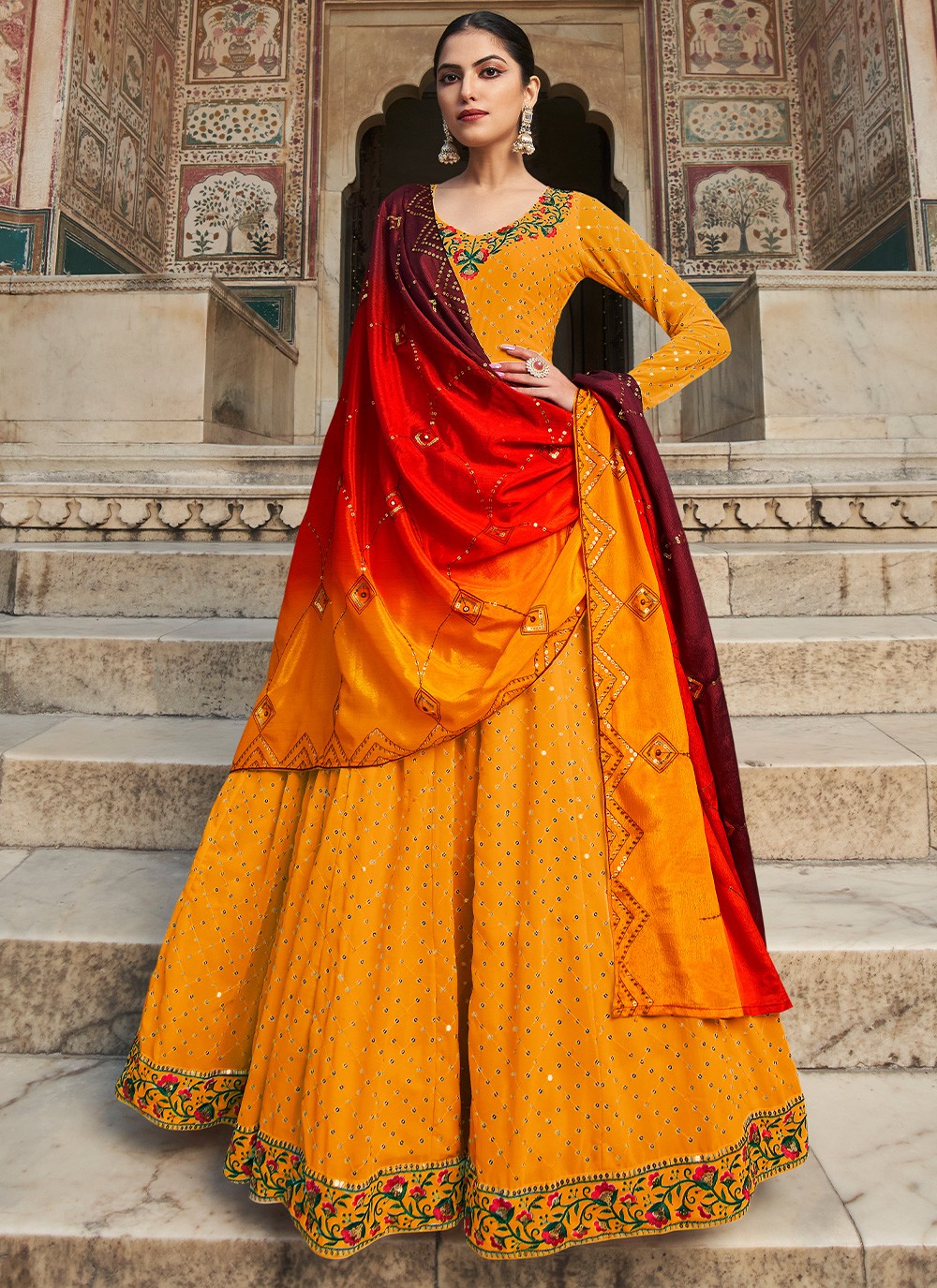 Georgette Orange Sequins Readymade Trendy Gown