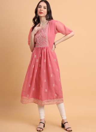 Georgette Pink Thread Work Designer Kurti