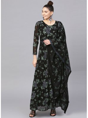 Georgette Printed Floor Length Gown in Black