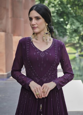 Georgette Purple Embroidered Readymade Gown