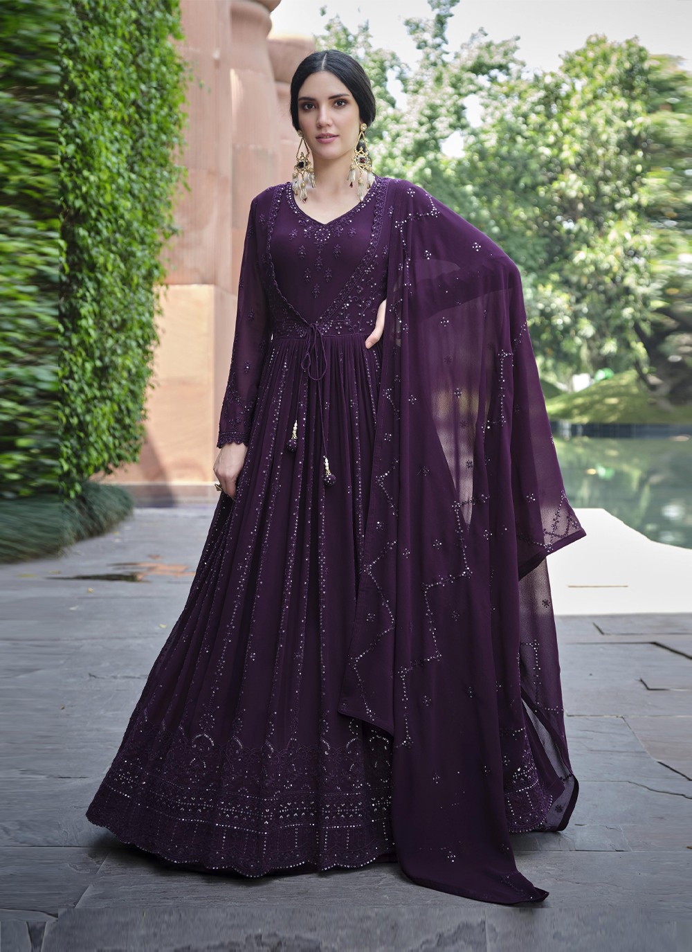 Purple Maxi Dress With Violet Georgette Dupatta  Shopzters