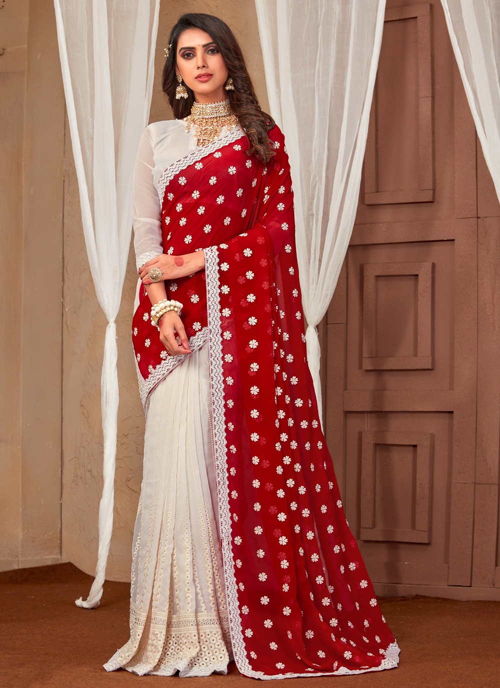 Buy Bollywood Model White and Red Bengali saree in UK, USA and Canada |  Cotton saree blouse designs, Bengali saree, Saree designs