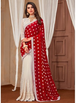 Georgette Red and White Embroidered Contemporary Saree
