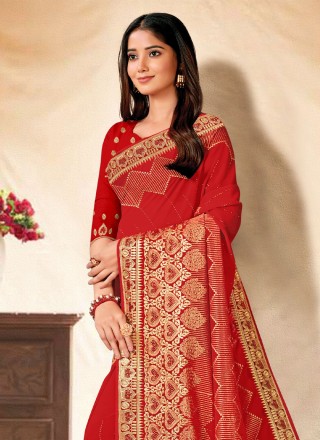 Georgette Red Embroidered Trendy Saree