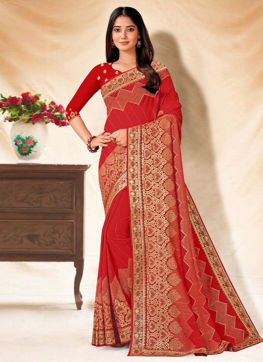 Red Zari Embroidered Designer Saree With Blouse 4908SR01