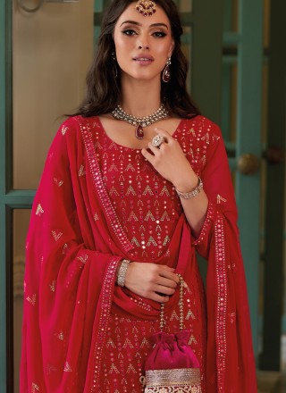 Georgette Red Readymade Salwar Kameez