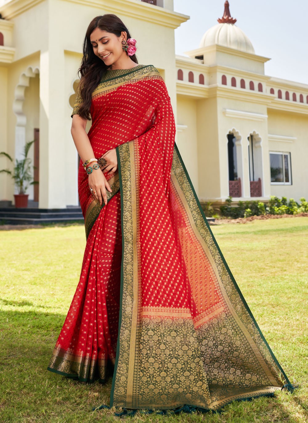 Buy Red Crepe Saree | Designer Saree Online Shopping