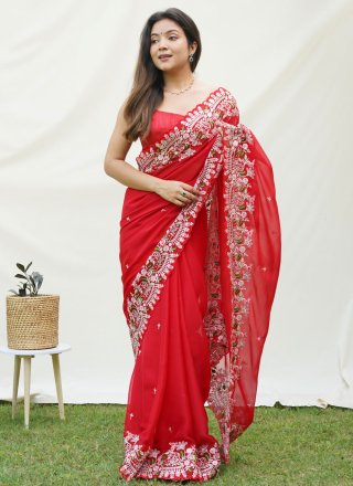 Georgette Satin Contemporary Sari In Red