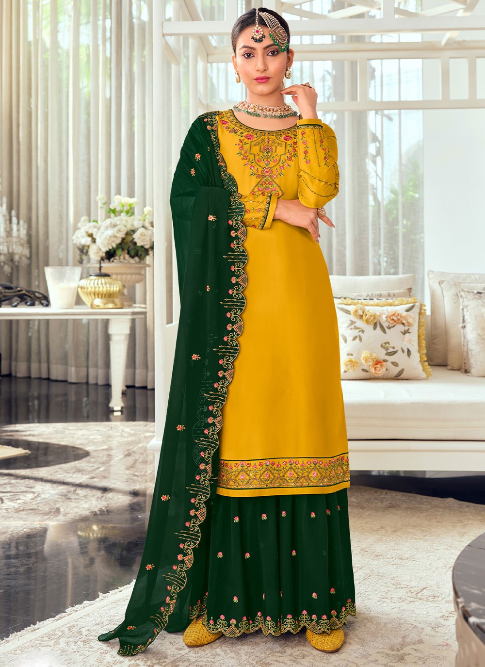 Georgette Satin Embroidered Pakistani Salwar Kameez in Green and Yellow