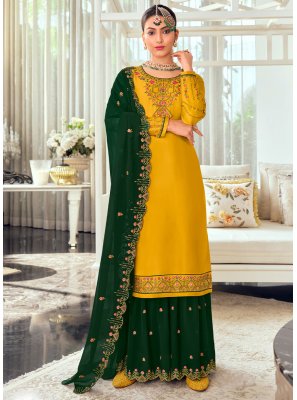 Georgette Satin Embroidered Pakistani Salwar Kameez in Green and Yellow