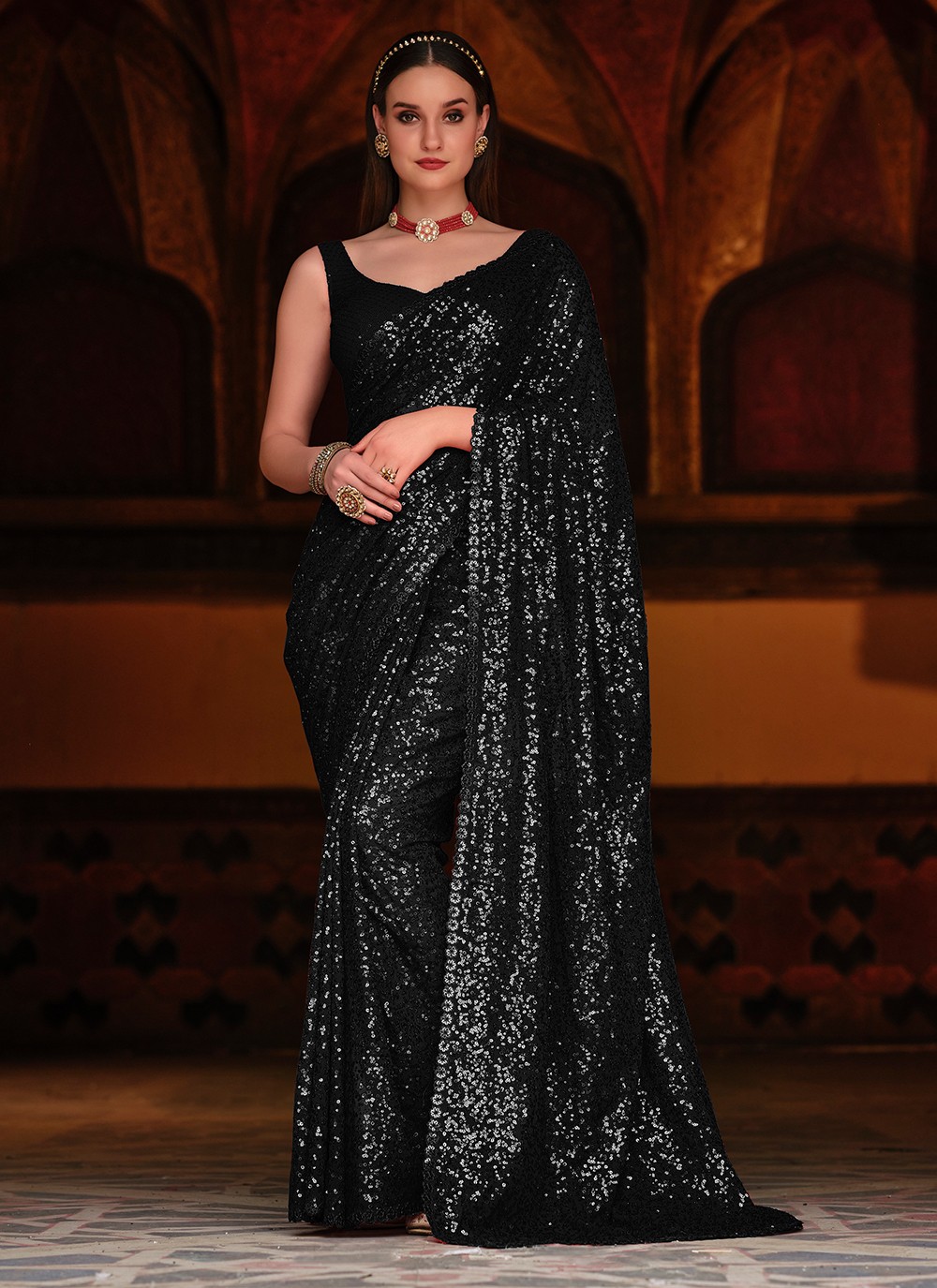Black Color Georgette Sequence Work Party Wear Saree - Indian