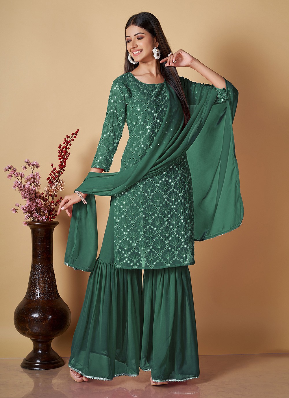 Floral Georgette Heavy Embroidery Readymade Palazzo Suits Collection Catalog