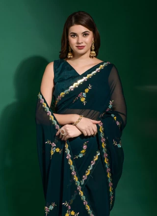 Georgette Teal Embroidered Classic Saree