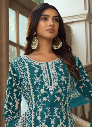 Glamorous Teal Net Salwar Suit with Embroidered and Resham Work