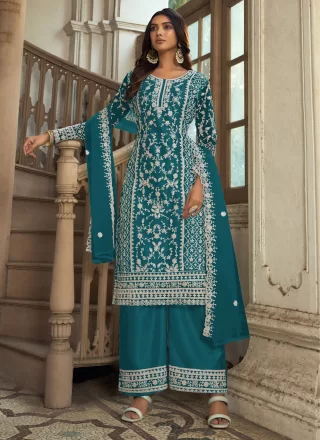 Glamorous Teal Net Salwar Suit with Embroidered and Resham Work