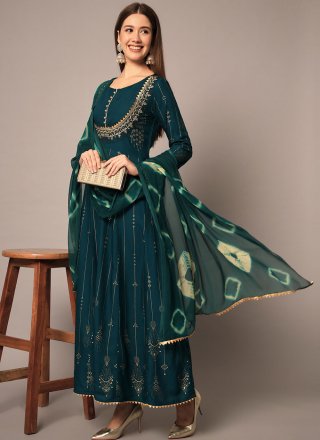 Glamorous Teal Rayon Party Wear Kurti with Patch Border Work