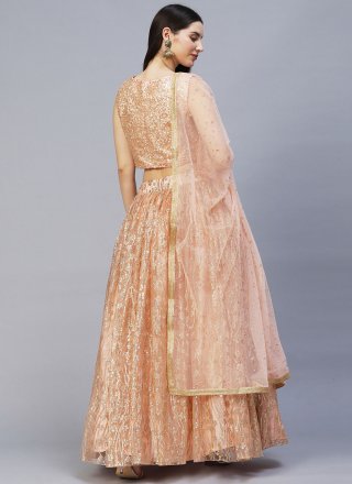 Glorious Peach Net Lehenga Choli with Embroidered and Sequins Work