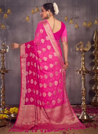 Glowing Pink Georgette Contemporary Sari with Weaving Work