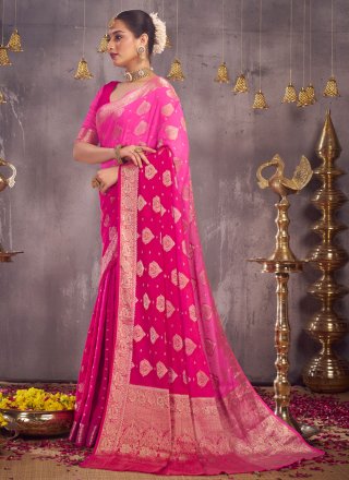 Glowing Pink Georgette Contemporary Sari with Weaving Work