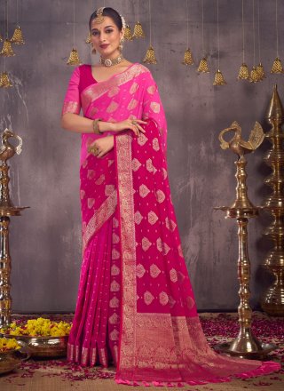 Glowing Pink Georgette Contemporary Sari with Weaving Work