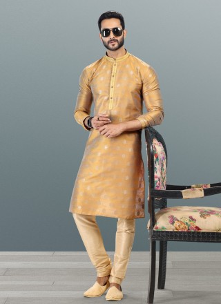 Gold Banarasi Silk Engagement Kurta Pyjama