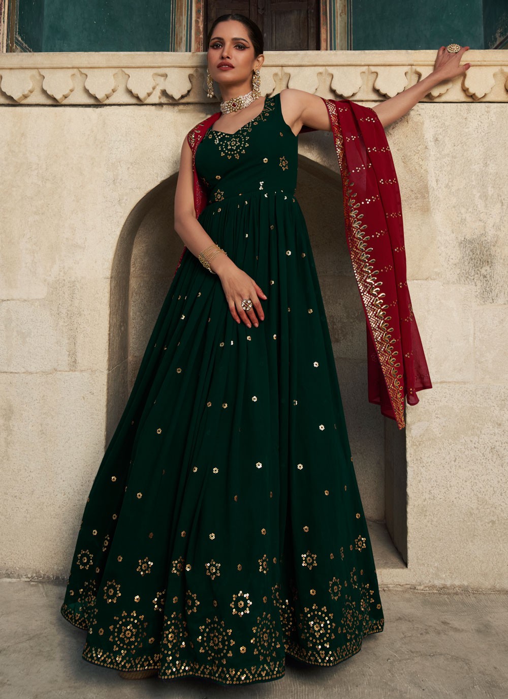 Gown Sequins Georgette in Green