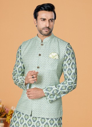 Green and Multi Colour Embroidered Polyester Kurta Payjama With Jacket